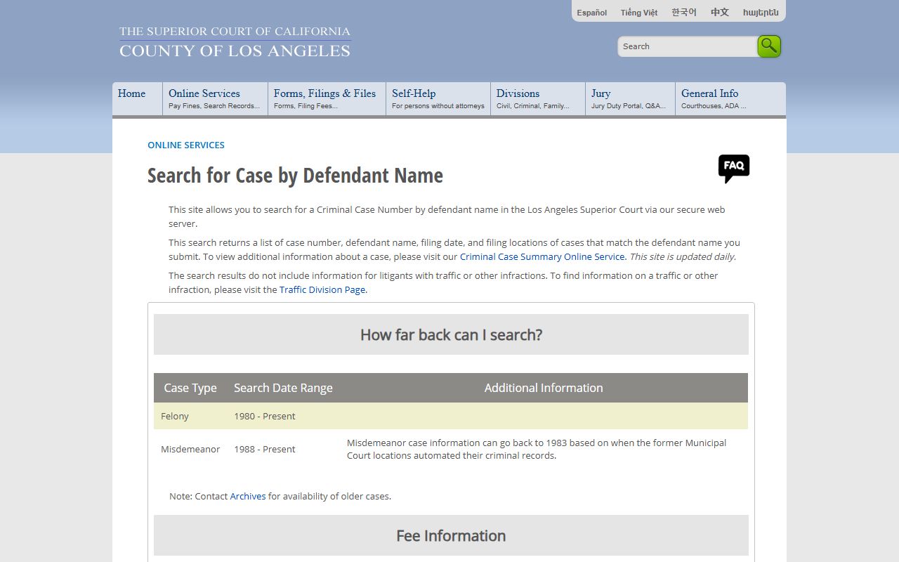Los Angeles Superior Court criminal case search portal