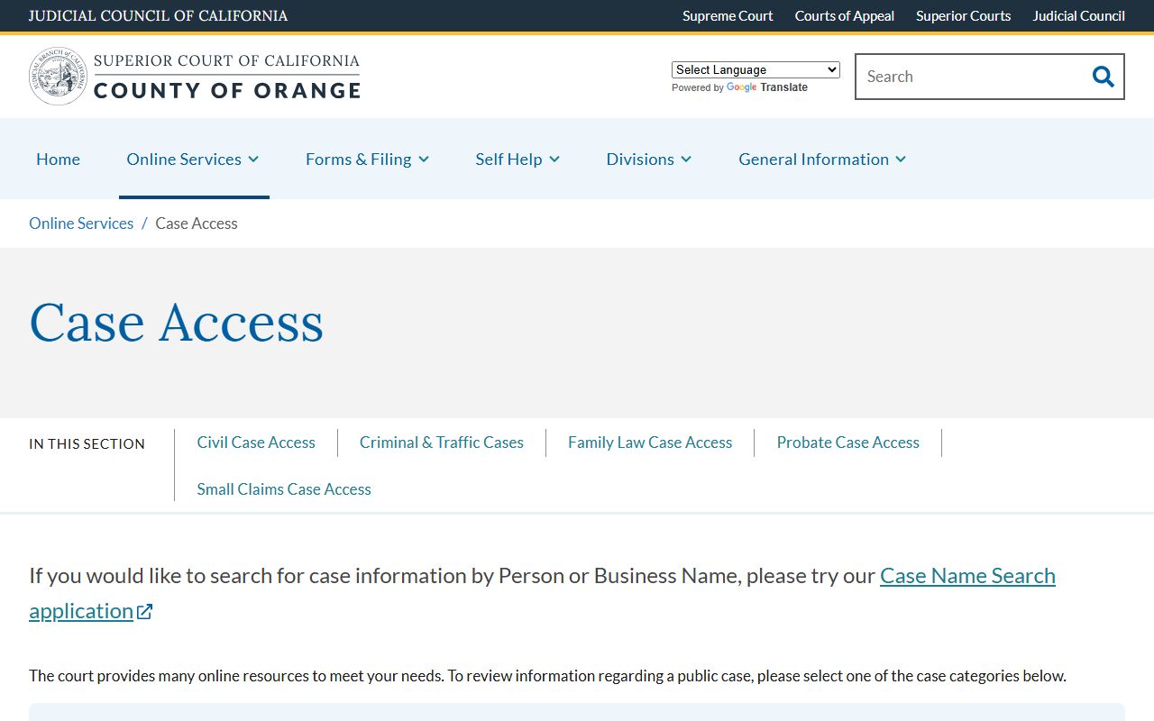 Orange County Superior Court online case access page