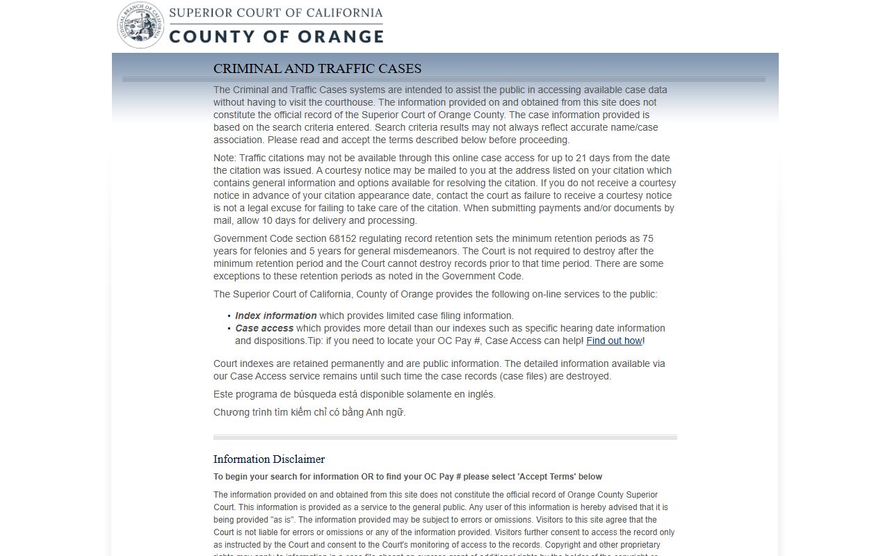 Orange County criminal and traffic case portal