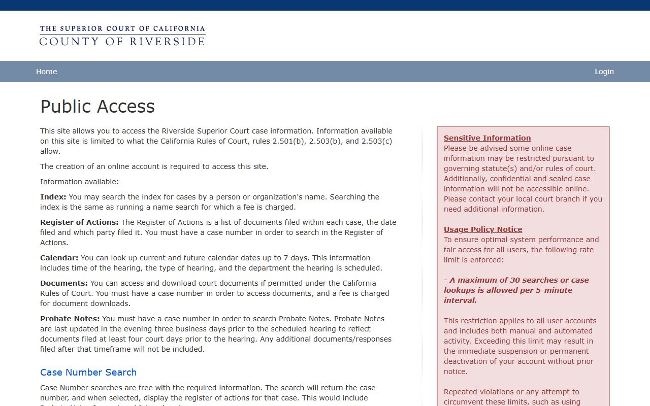 Riverside County Superior Court public access portal