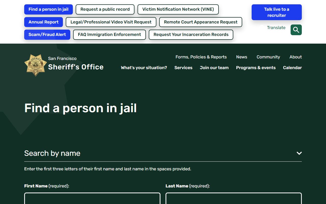San Francisco Sheriff inmate locator