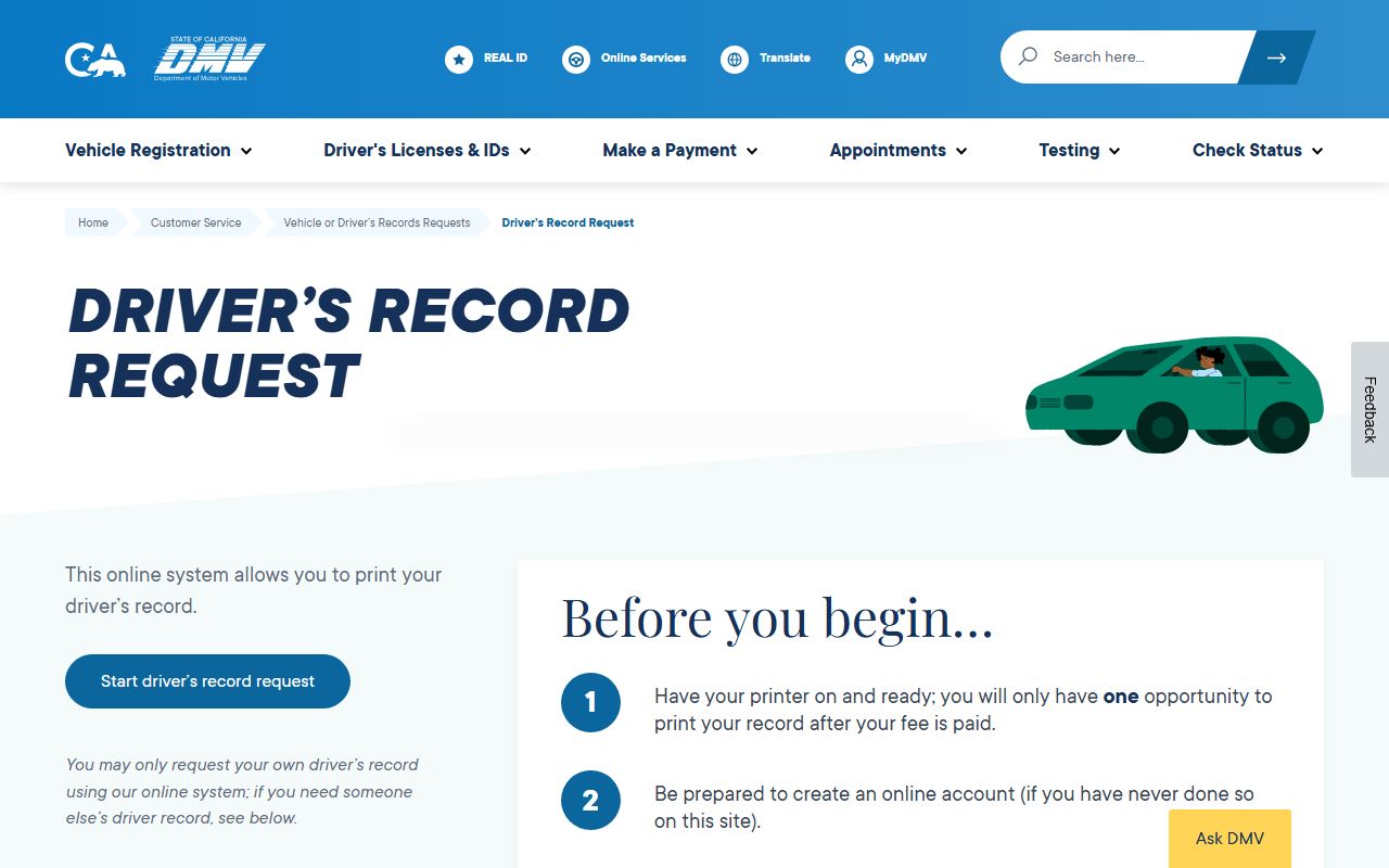 California DMV online driver record request page