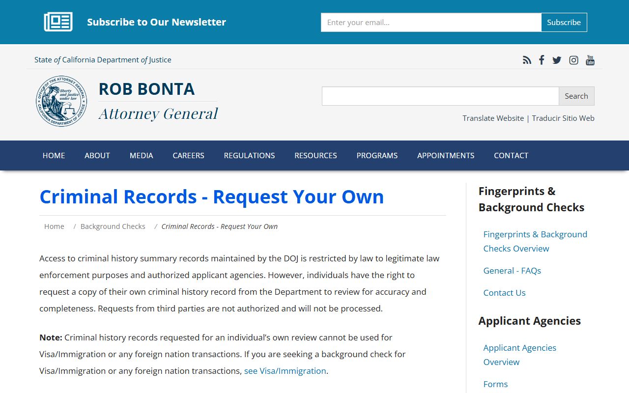 DOJ criminal record review request page